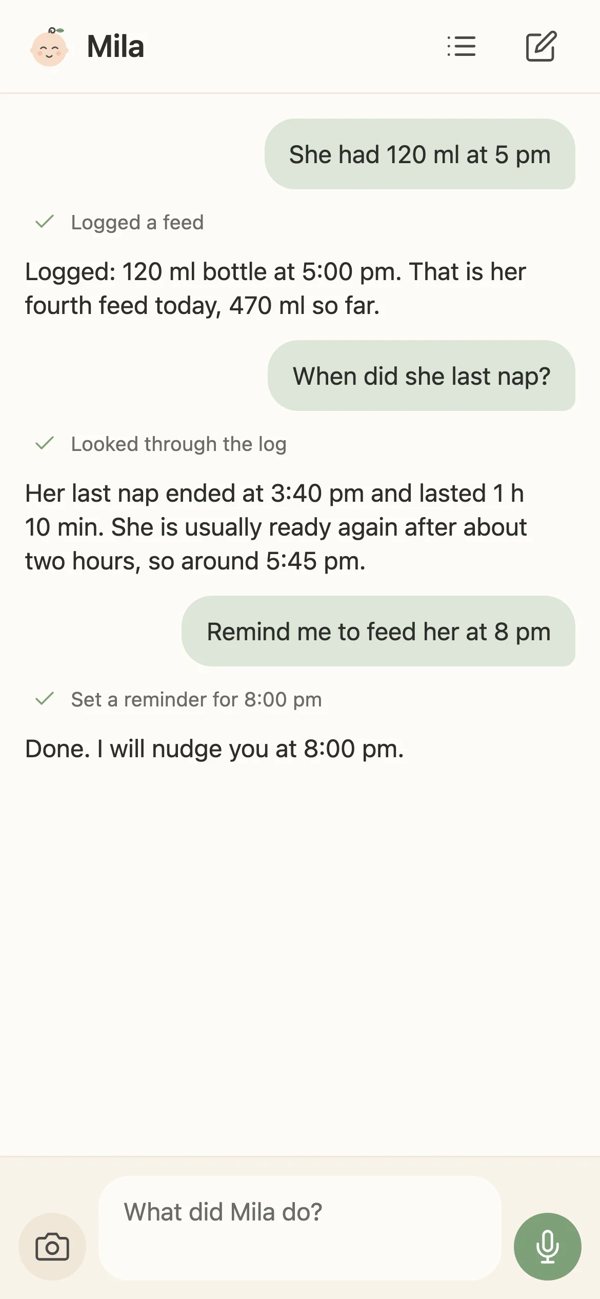 Ivy's chat on a phone: the parent writes “She had 120 ml at 5 pm” and Ivy logs the feed, answers when the baby last napped, and sets an 8 pm reminder.